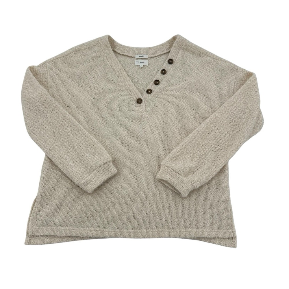 Blu Pepper Cozy Life Henley Sweater Cream Textured Knit V-Neck Cozy Womens M